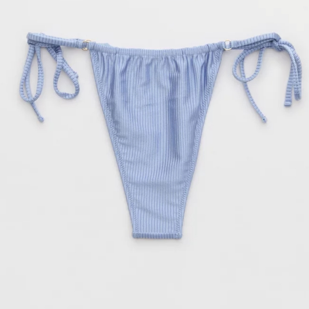 Aerie Shine Ribbed Textured Cheeky Thong Strappy Bikini Bottoms NWT
